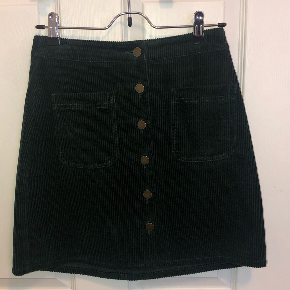 Preppy Dark Green/Emerald Corduroy Button-Front Skirt Twik